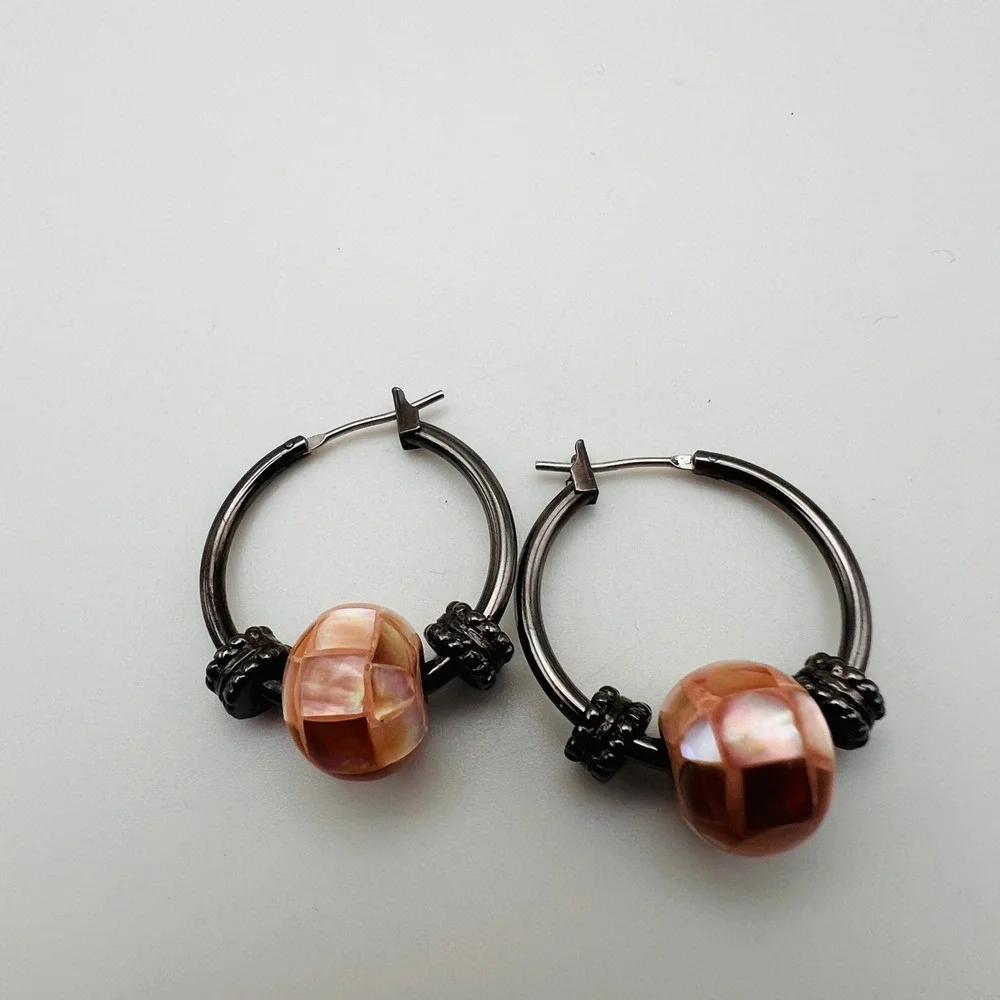 Gunmetal Hoop Earrings with Pink Mosaic Faux Mother of Pearl Shell Beads Boho